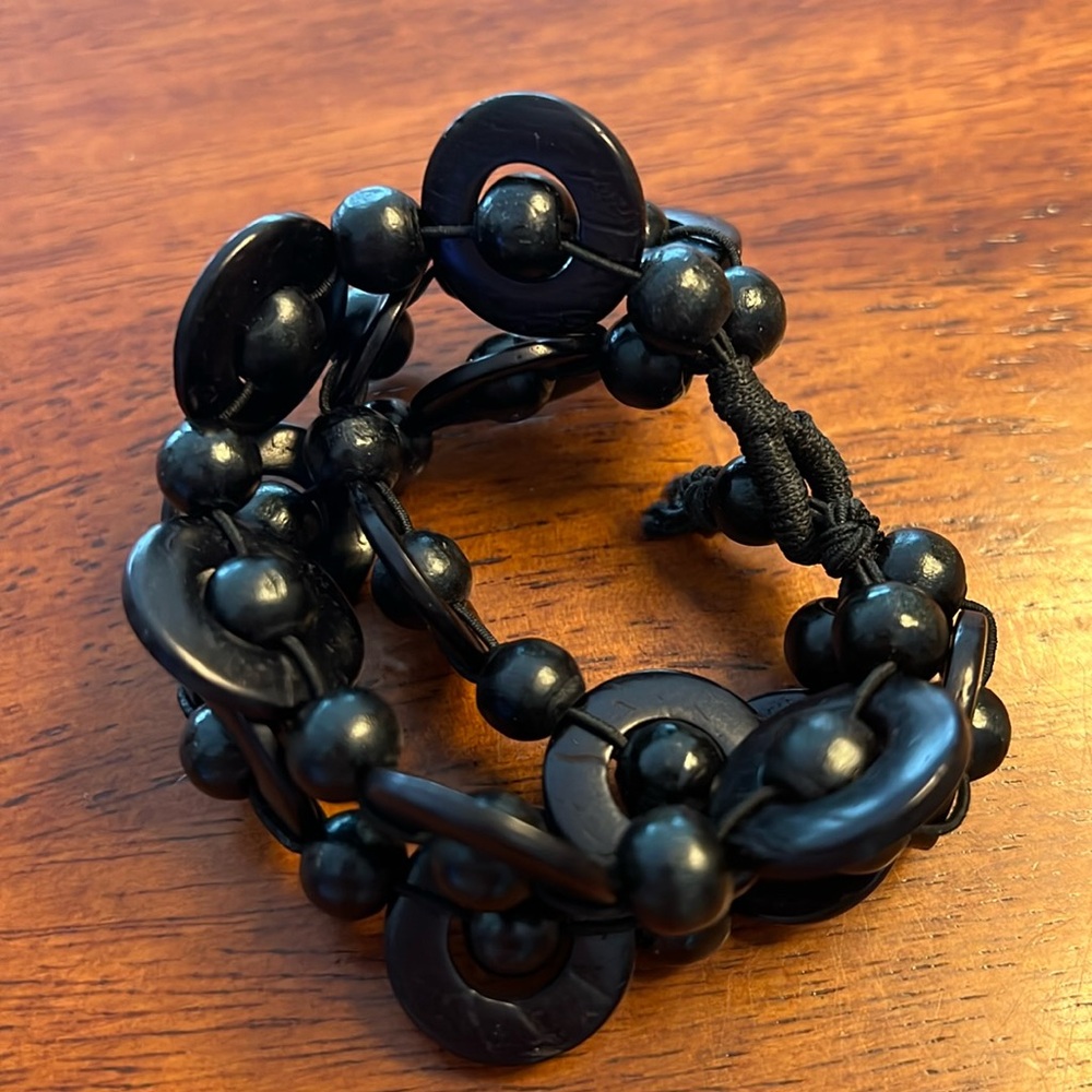 Cancun Catch - Black Bracelet Wooden Beads and Rings Three Strand Elastic Boho